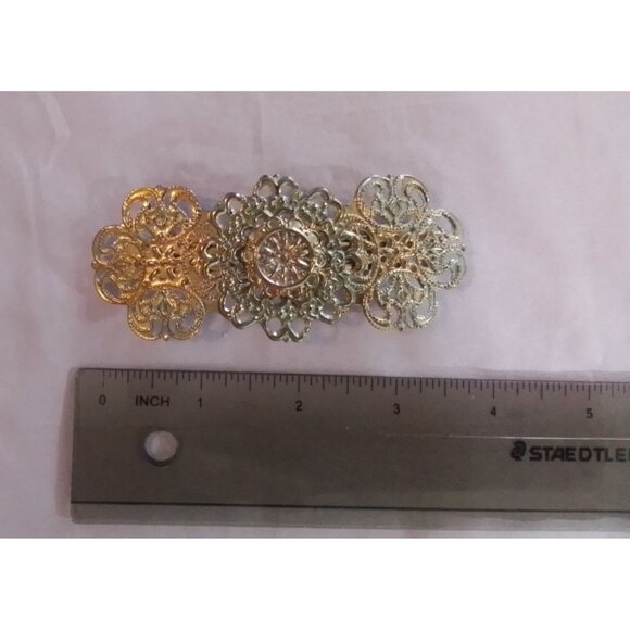 Vintage Gold & Silver Tone Metal Filigree Hair Barrette Clip Intricate Design - Picture 3 of 3